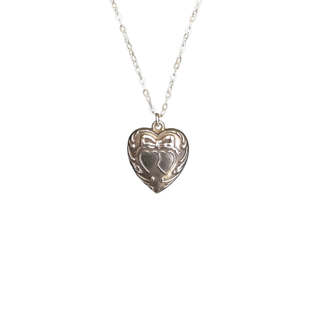 Antique Incredibly Sweet Double Heart and Bow Necklace