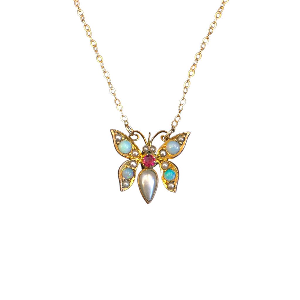 Antique Victorian Opal, Pearl, and Ruby Butterfly Necklace