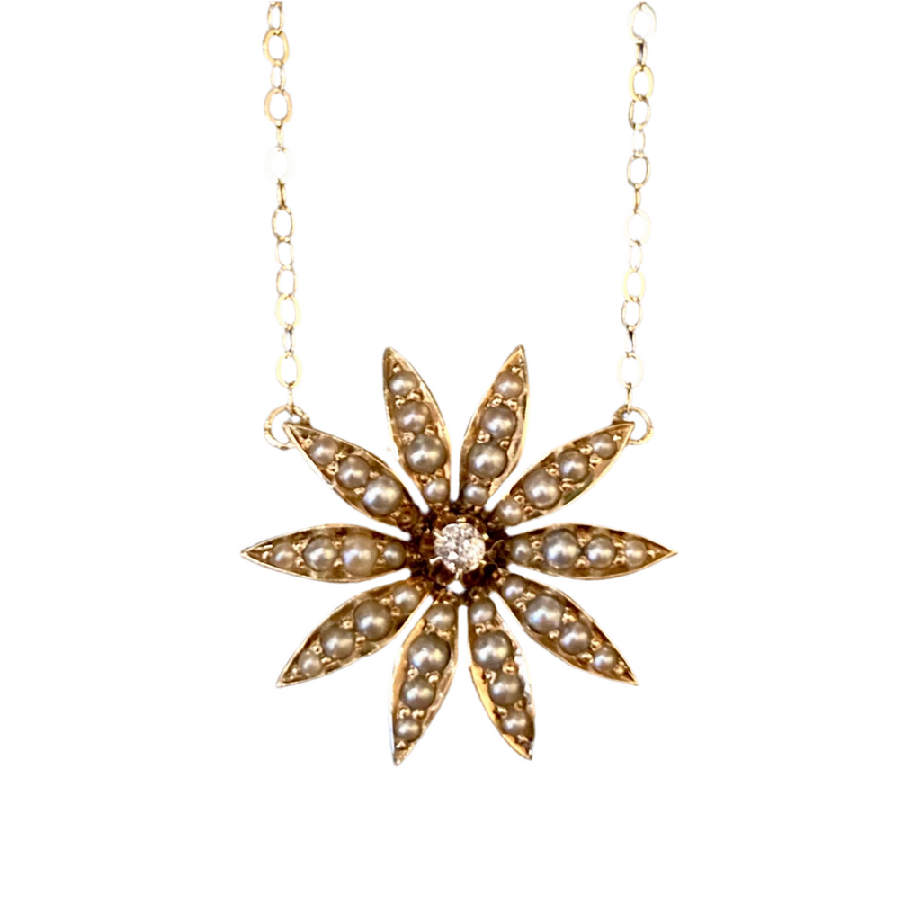 20% Off! Antique Victorian Seed Pearl and Diamond Flower Necklace