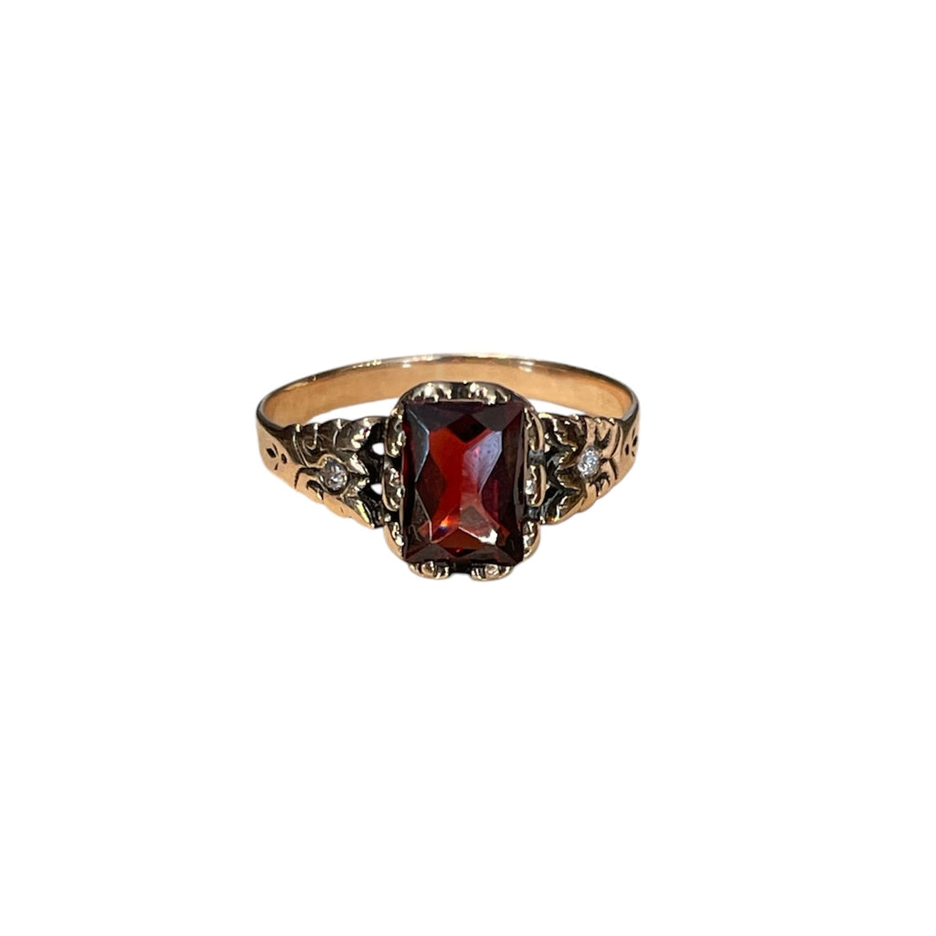 Antique Garnet and Diamond Hand Engraved Ring