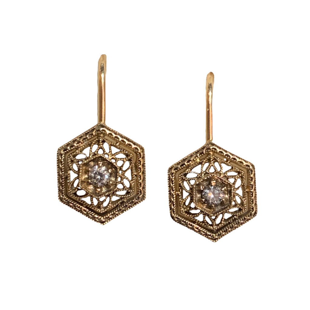 Hexagon Filigree Diamond Earrings